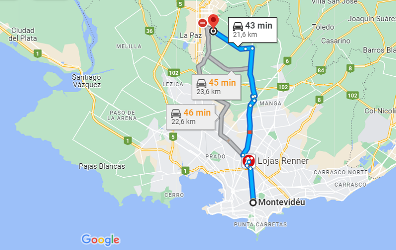 Mapa: De carro de Montevidéu até a bodega Familia Dardanelli