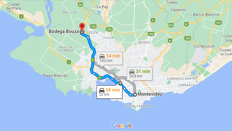 Mapa - Viagem de carro de Montevidéu para a bodega Bouza