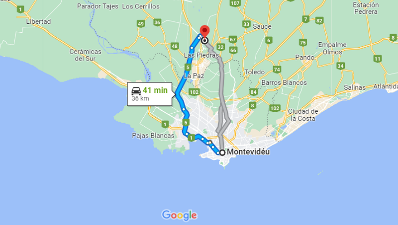 Mapa: Carro para ir de Montevidéu até a bodega Pisano