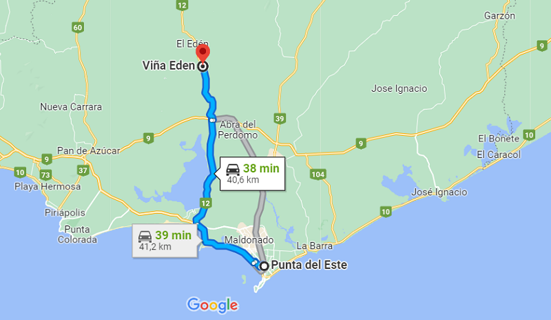 Mapa: De carro de Punta del Este até a bodega Viña Edén